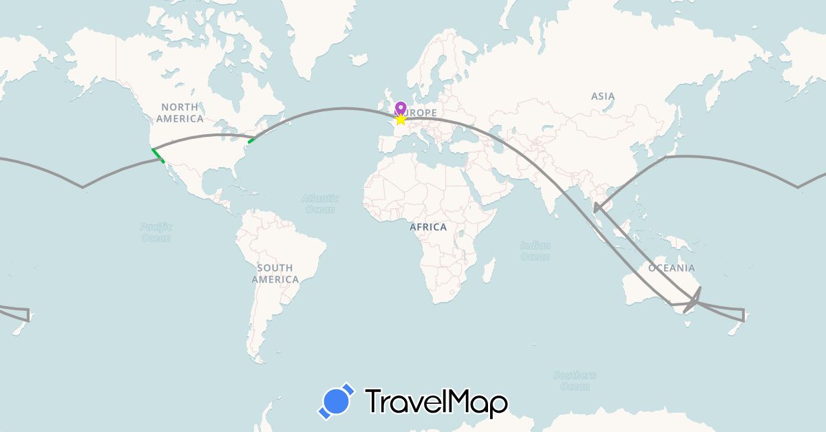 TravelMap itinerary: driving, bus, plane, train in Australia, France, United Kingdom, Japan, New Zealand, Thailand, United States (Asia, Europe, North America, Oceania)